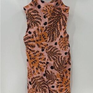 FARM Rio x Anthropologie Sleeveless Pink & Orange Leopard Print Leaf Dress M